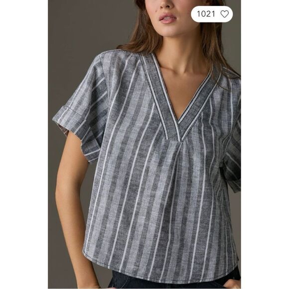 NEW Anthropologie Pilcro Linen Striped V-Neck Henley Surf Shirt Blouse X-Large - Picture 4 of 4